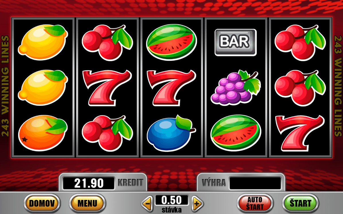 Screenshot z hry Fire 243, na ktorom sú valce obsahujúce ovocie, BAR a sedmičku.