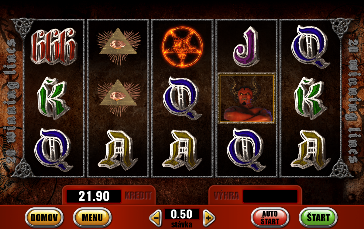 Screenshot z hry Hell's Devil III, na ktorom sú valce obsahujúce oko, znaky písmen a diabla.