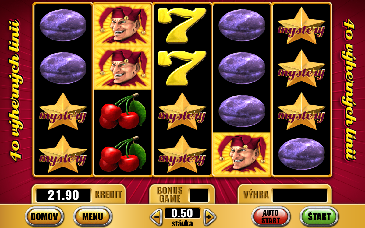 Screenshot z hry Cash Fruit, na ktorom sú valce obsahujúce ovocie, žolíka, Mystery symbolu a sedmičiek.