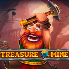 Na obrázku je baník s kladivom a červenými fúzmi s nadpisom TREASURE MINE.