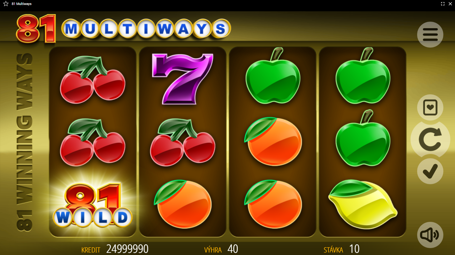 Screenshot z hry 81 Multiways, ktoré obsahuje herné pole s ovocím, sedmičkou a 81 Wild symbolom.