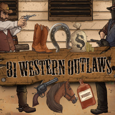 Na obrázku je nadpis s názvom 81 Western Outlaws a symboly divokého západu.