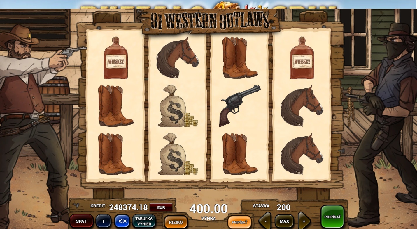Screenshot z hry 101 Western Outlaws, kde sú symboly zbrane, mešca či whiskey.