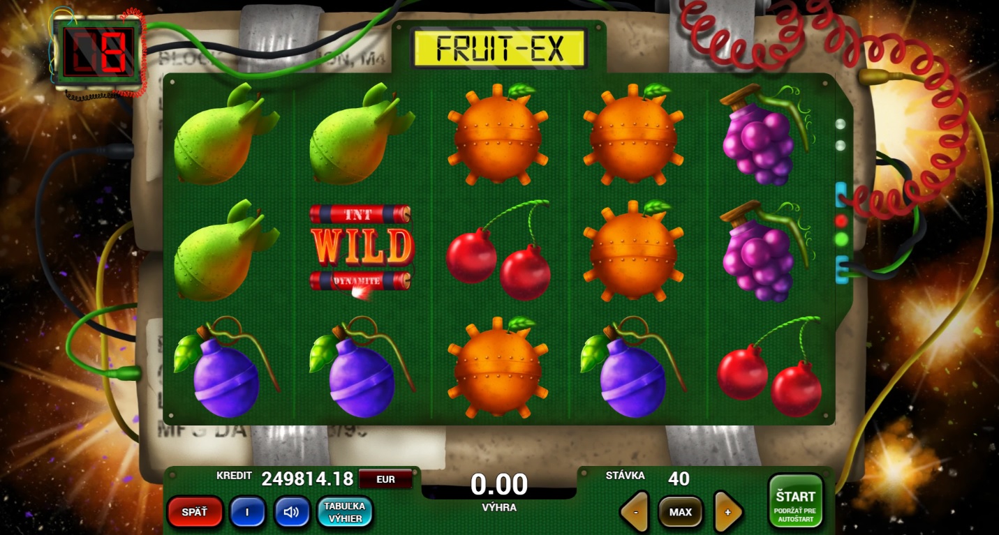 Screenshot z hry Fruit-EX, kde je vidieť ovocie čerešne, hrušky, slivky či Wild symbol, ktoré je ohraničený bombou.