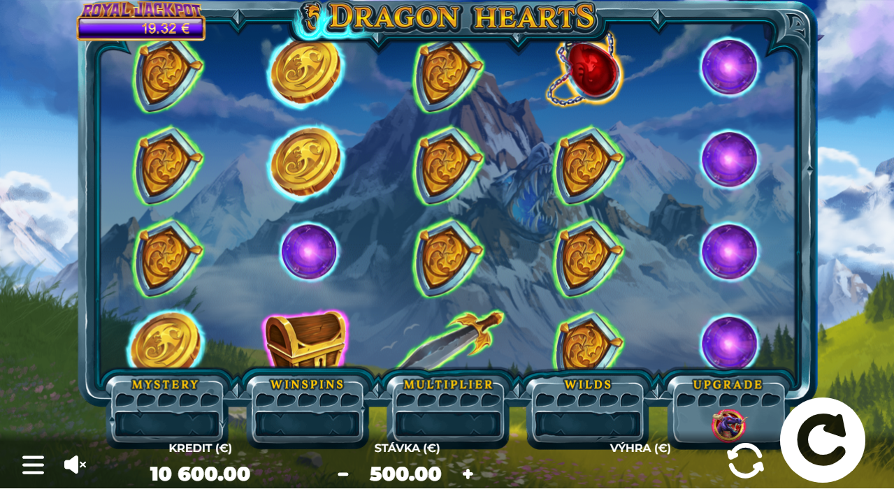 Screenshot z hry 5 Dragon Hearts, kde je vidieť hory a samotnú mašinu so symbolmi mince, truhlice či meča.