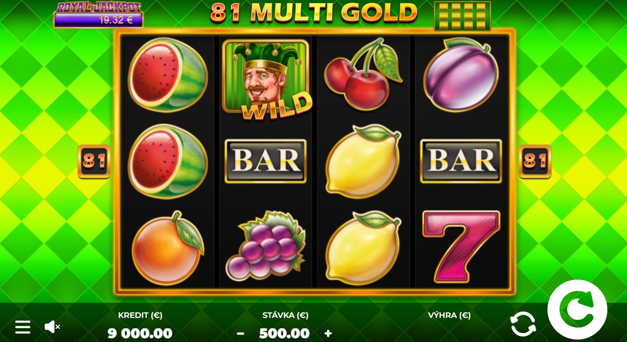 Screenshot z hry 81 Multi Gold, kde je vidieť symboly žolíka, BAR, melónu, pomarančov či sedmičky.