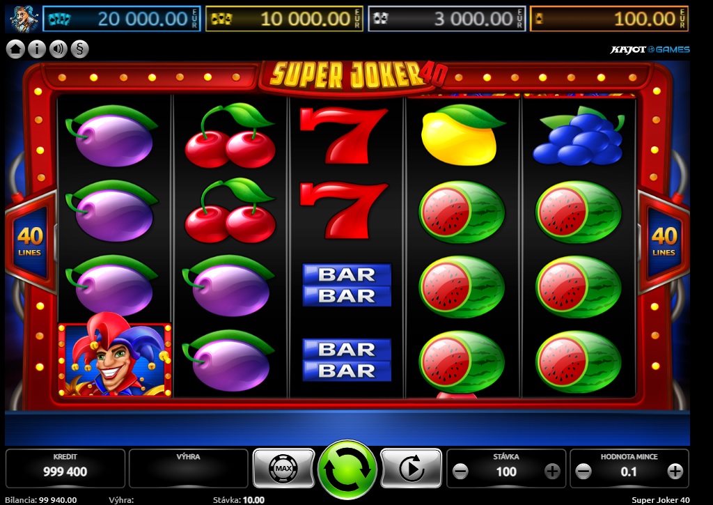 Screenshot z hry Super Joker 40, na ktorom sú symboly ovocia, žolíka a BAR-u.