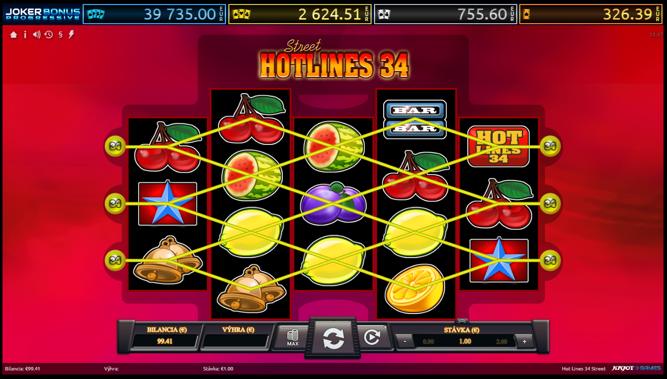 Screenshot z hry Hotlines 34 Street, kde sú symboly ovocia, zvončeka a hviezdy.