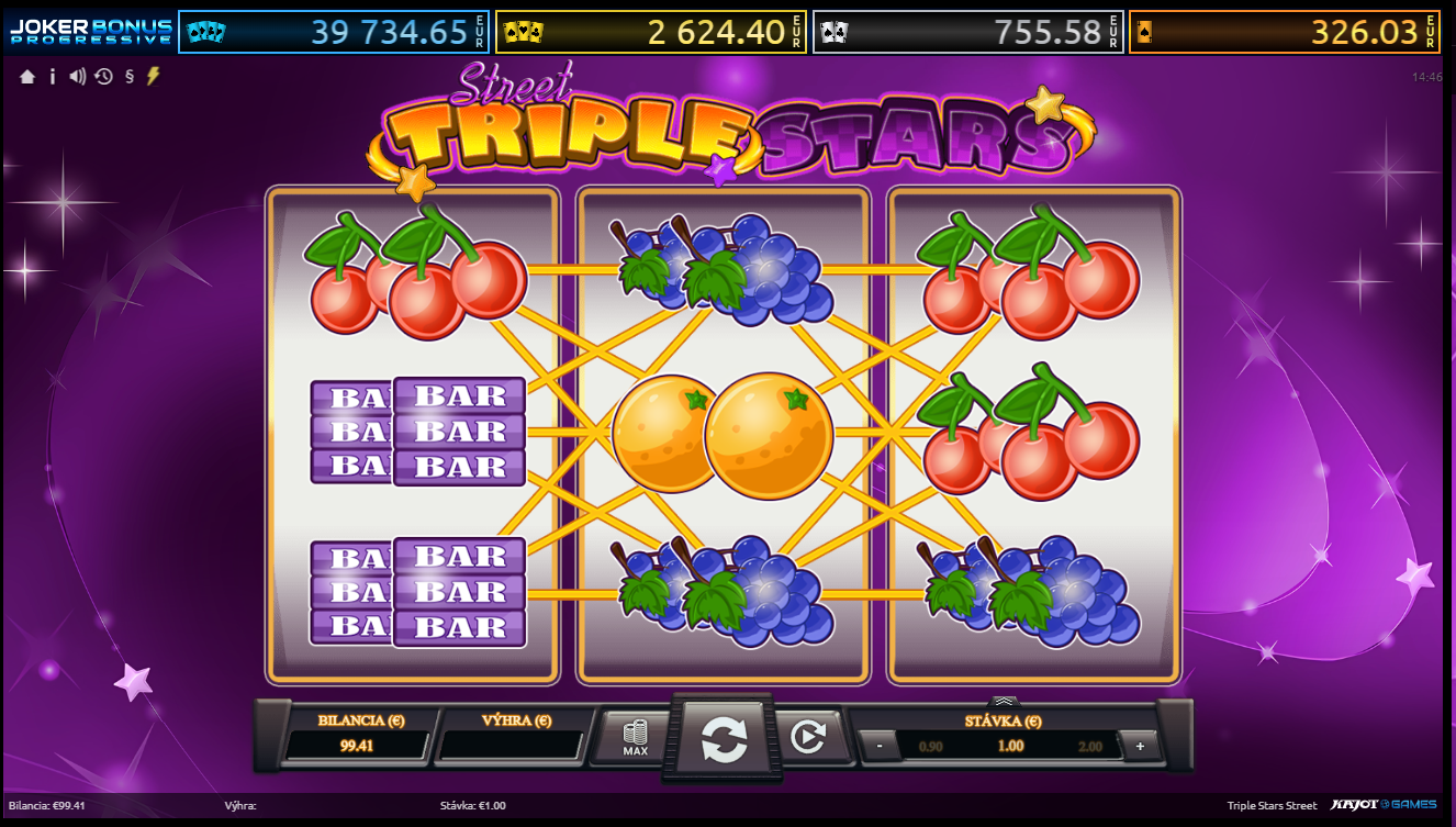 Screenshot z hry Triple Stars Street, kde sú symboly BAR-u a ovocia..