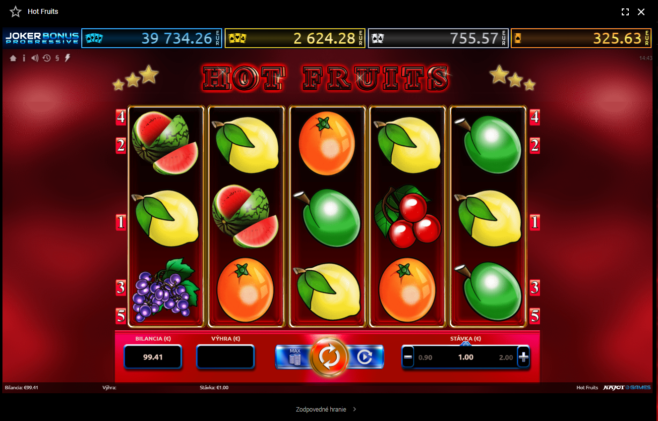 Screenshot z hry Hot Fruits, kde sú symboly ovocia.