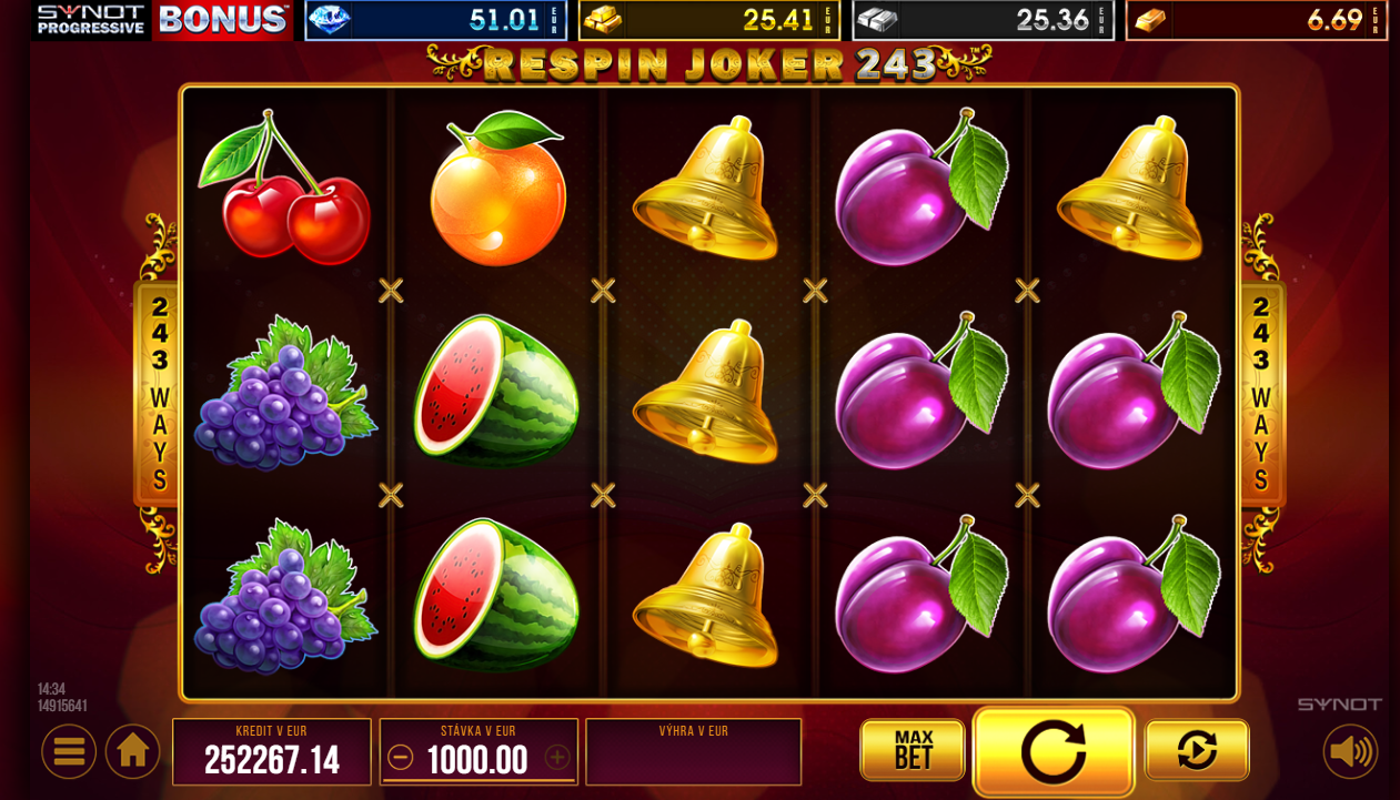 Screenshot z hry Respin Joker 243, na ktorom sú valce obsahujúce ovocie.