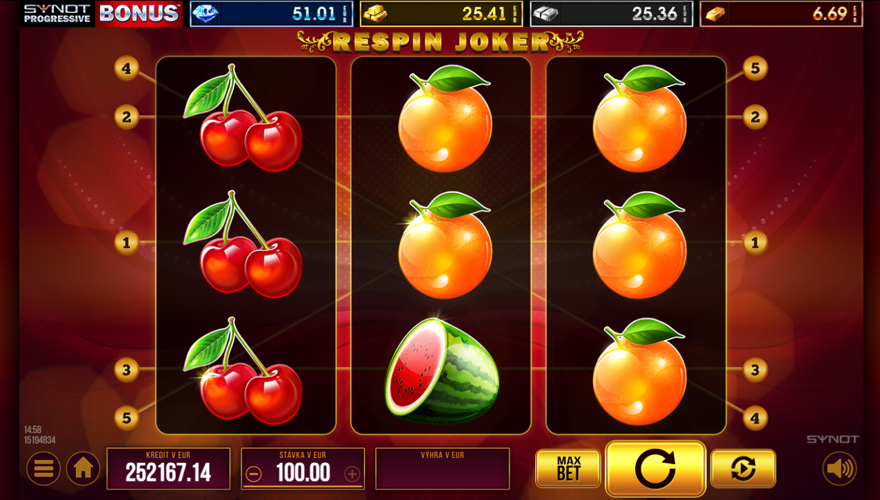 Screenshot z hry Respin Joker, na ktorom sú valce obsahujúce ovocie.