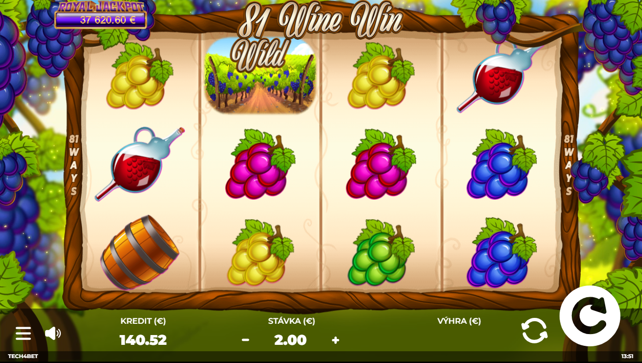 Screenshot z hry 81 Wine Win, na mašine sú symboly hrozna, sadu, sudu a vína.