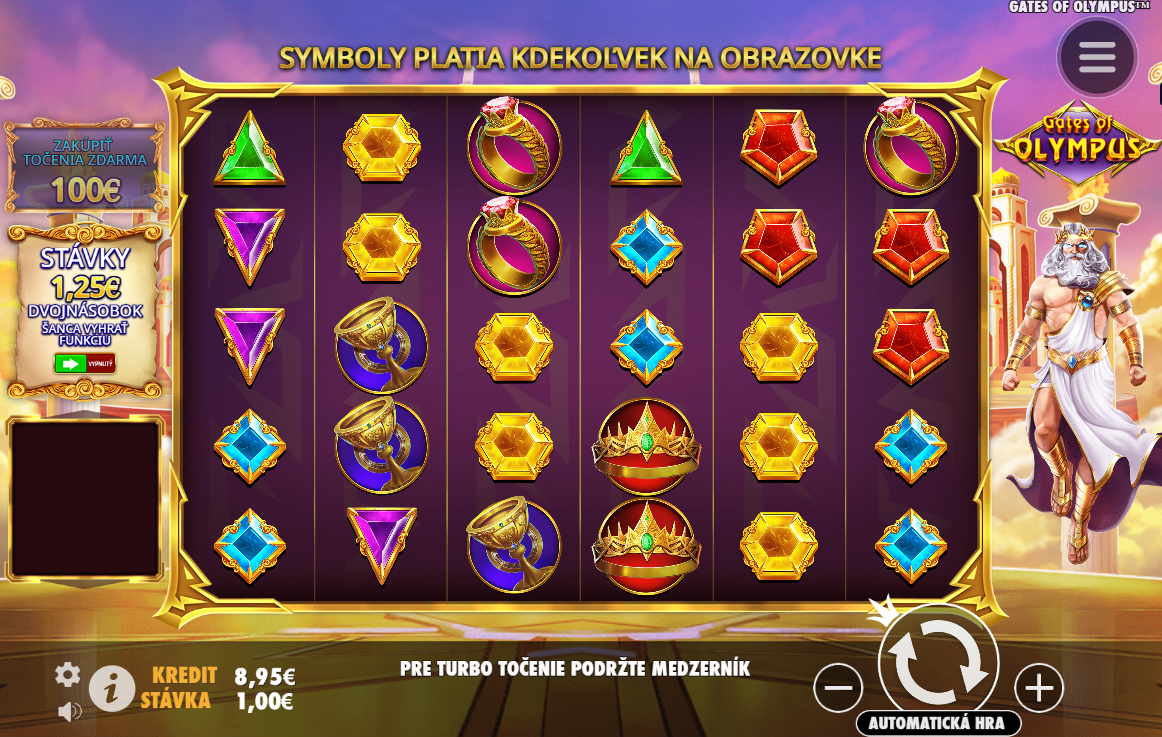 Screenshot z hry GATES OF OLYMPUS, na ktorom sú valce obsahujúce symbol drahokamov.