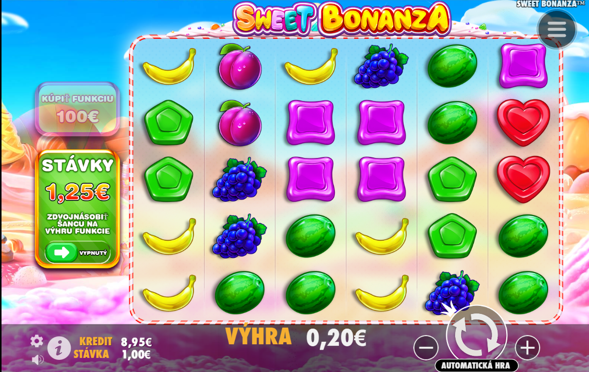 Screenshot z hry SWEET BONANZA, na ktorom sú valce obsahujúce symboly sladkostí.