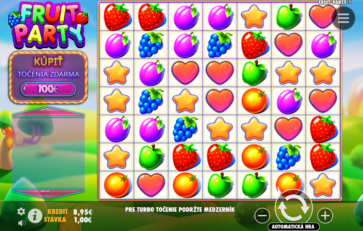 Screenshot z hry FRUIT PARTY, na ktorom sú valce obsahujúce ovocné symboly.