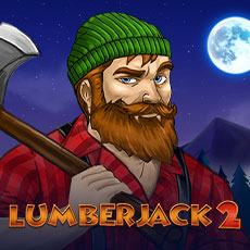 Na obrázku je nadpis LUMBERJACK 2 a drevorubač v čiapke so sekerou.